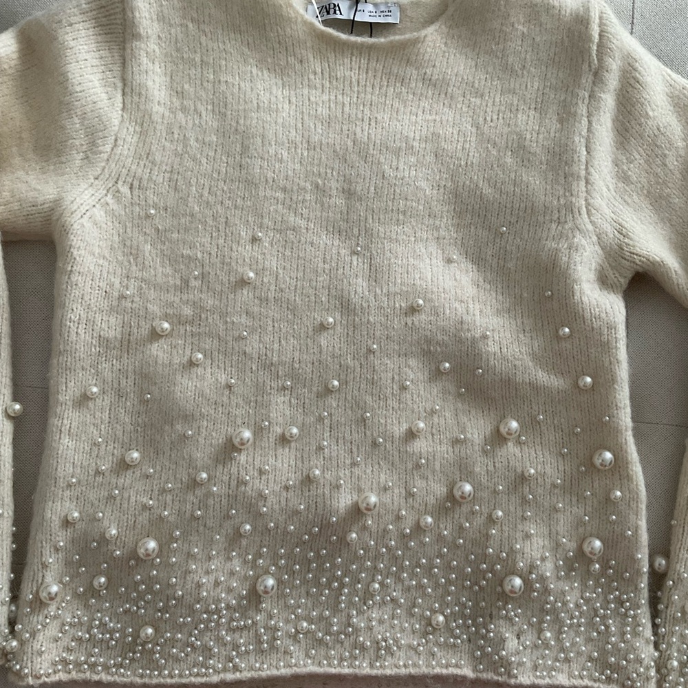 Zara Cream Crew Neck Sweater with Embellishments